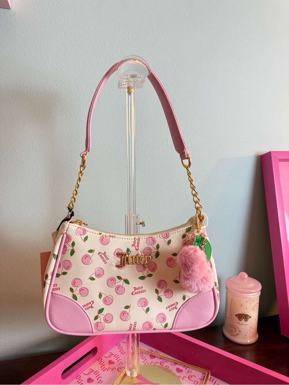 Juicy Couture Pink Cherry Print Shoulder Bag with Pom Charm